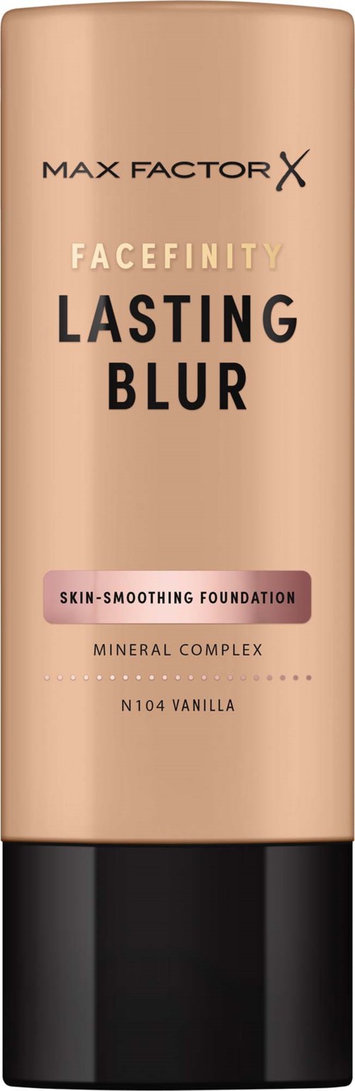 Max Factor Facefinity Lasting Blur foundationflaske i beige med svart lokk, med fokus på hudjevnhet og mineral kompleks egenskaper.
