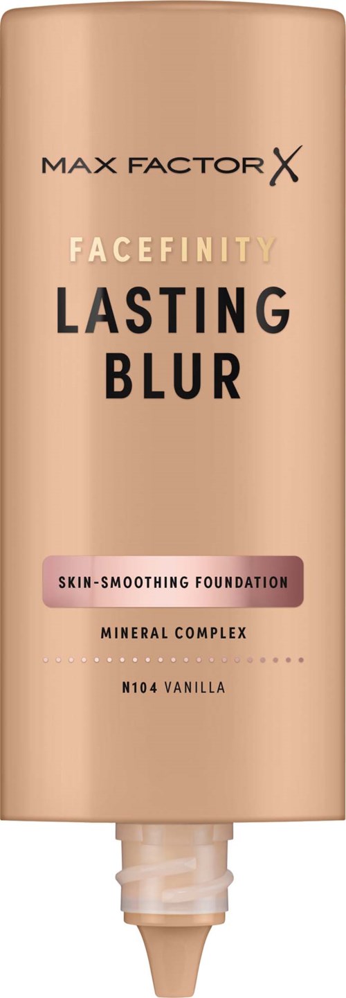 En beige tube med Max Factor Facefinity Lasting Blur foundation med skrukork og etikett som beskriver produktet.