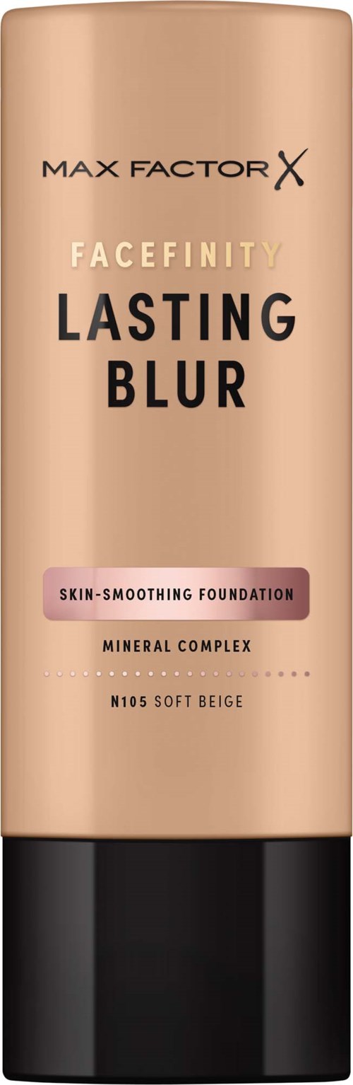 En beige ansiktsfoundationflaske med svart lokk, merket Max Factor Facefinity Lasting Blur, hudjevnende formel.