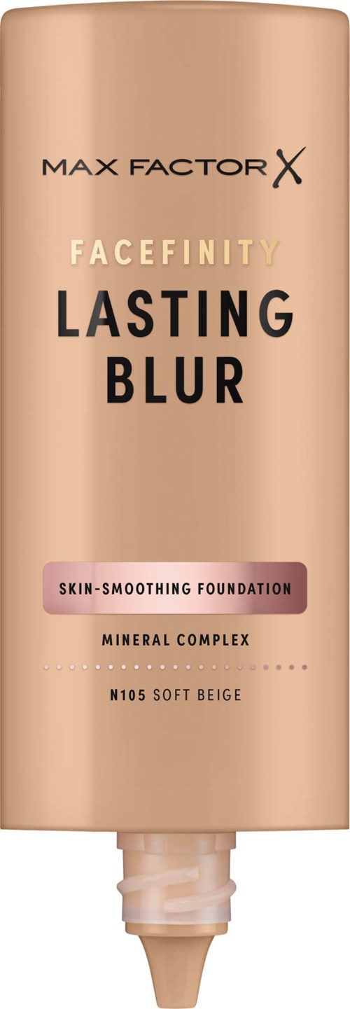 Beigefarget tube fra Max Factor Facefinity Lasting Blur foundation med vriapplikator.