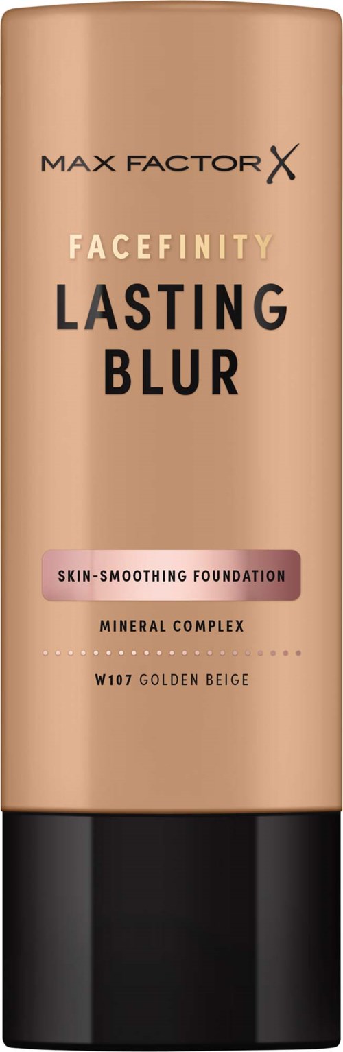 En beige foundationflaske med svart lokk som viser Max Factor Facefinity Lasting Blur og hudforbedrende detaljer.