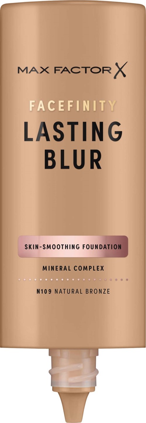 Tube med Max Factor Facefinity Lasting Blur foundation i bronsefarge. Inneholder mineralcomplex og naturlig bronse ingredienser.