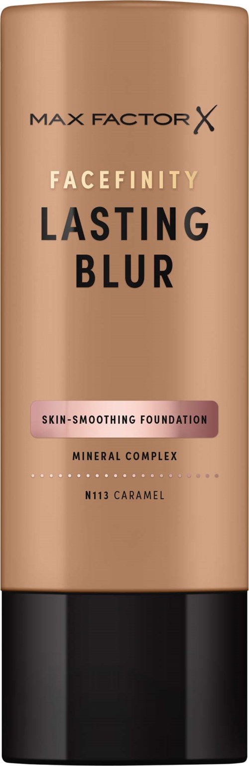 Max Factor Facefinity Lasting Blur foundationflaske i beige med svart lokk og rosa etikett.