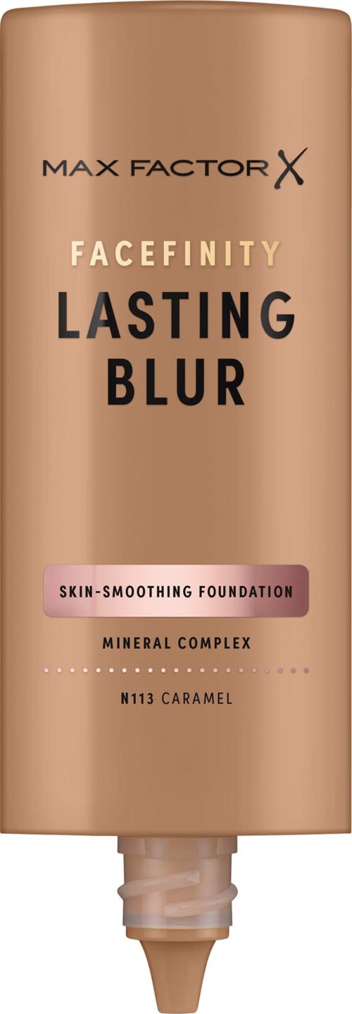 En beige tube med Max Factor Facefinity Lasting Blur foundation med lokk som kan snus av, viser produktnavn og beskrivelse.