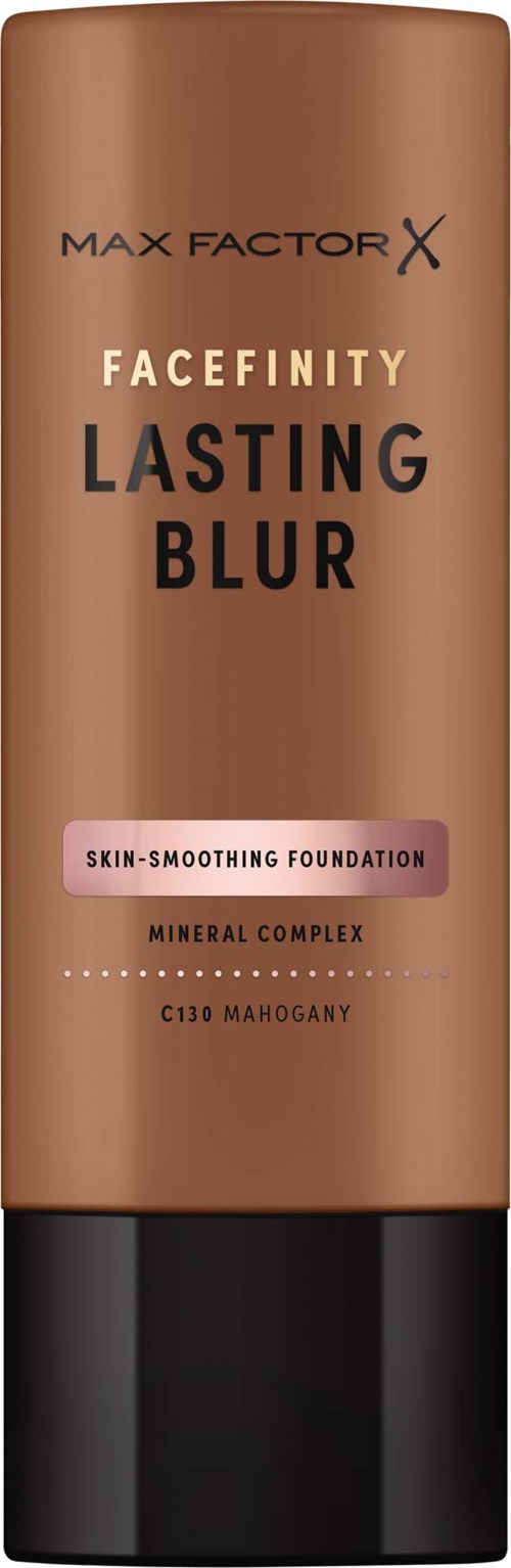 Ansiktsfoundationsflaske i brunt med svart lokk, merket Max Factor X Facefinity Lasting Blur, mineralcomplex, mahognyfarge.