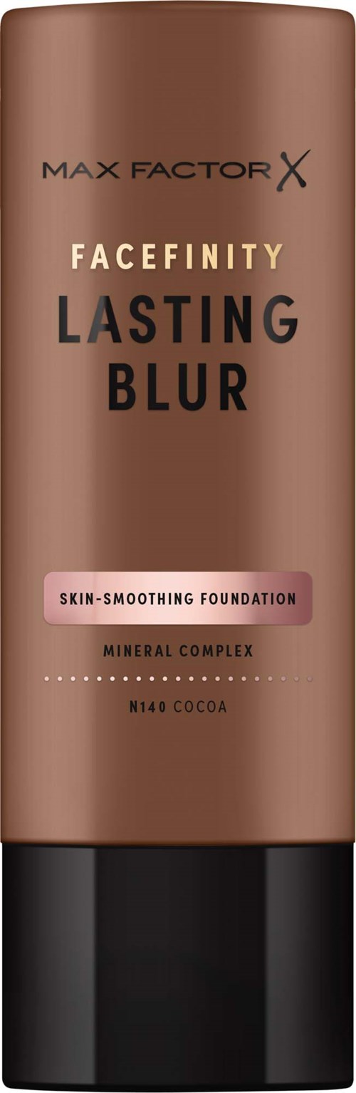 Max Factor Facefinity Lasting Blur foundationrør med rosa etikett og svart lokk.