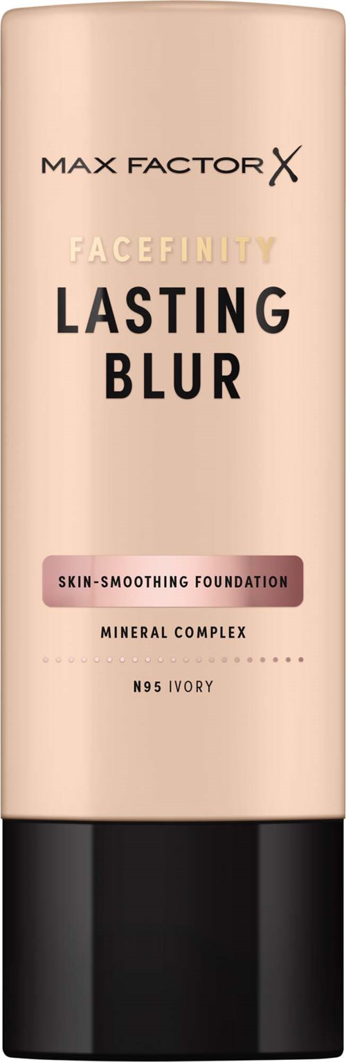 En beige flaske med Max Factor ansiktsmaling med svart lokk, merket Lasting Blur, for jevn hud.