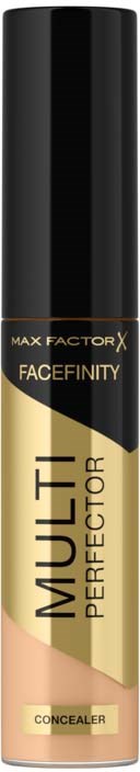 En svart och guldfärgad cylindrisk tub märkt "Facefinity Multitouch Perfect Concealer" och "Max Factor X".