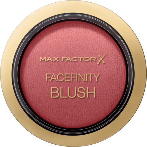 Een ronde make-up compact met roze blush en gouden tekst 'MAX FACTOR X FACEFINITY BLUSH'.