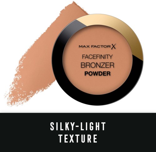 Een ronde make-upverpakking met de tekst 'Max Factor Facefinity Bronzer Powder' en een lichtbruine kleurtest op de achtergrond, toont een zijdezachte lichte textuur.