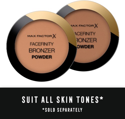 Twee containers van Max Factor Facefinity Bronzer Powder in verschillende tinten. Tekst vermeldt dat het geschikt is voor alle huidtinten en dat een product apart wordt verkocht.