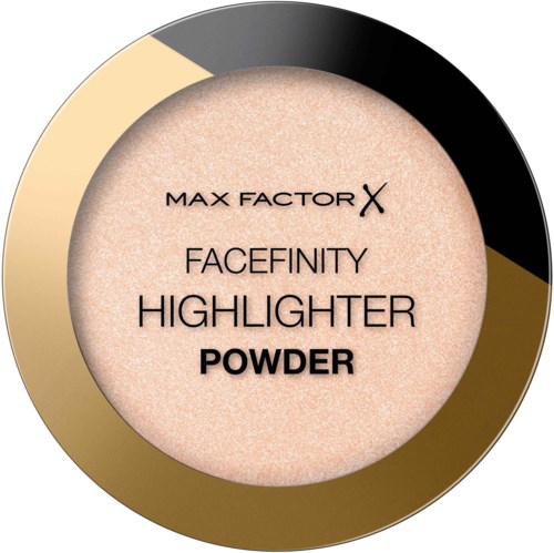 Een ronde houder met lichtroze gezichtspoeder omgeven door een zwart en goud randje, met de tekst 'Max Factor Facefinity Highlighter Powder.'