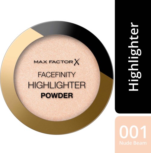 Ronde make-up container met beige highlighterpoeder, merk Max Factor, genaamd 'Facefinity Highlighter Powder'.