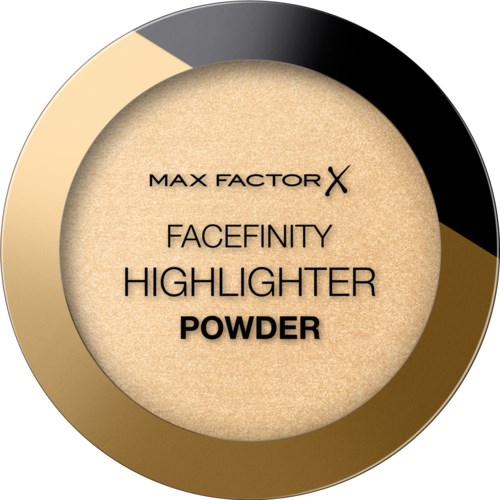 Circular container with beige powder and black, gold, and beige band. Text: Max Factor Facefinity Highlighter Powder.