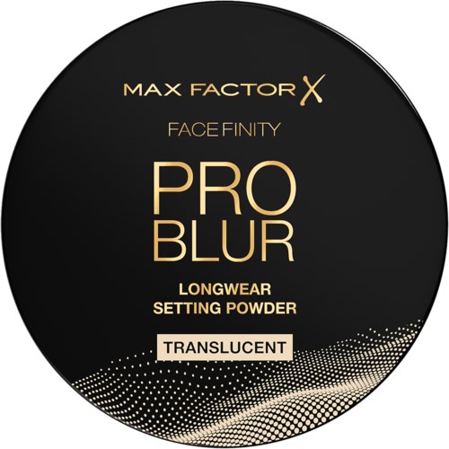Round black container label with gold and white text, advertising Max Factor Pro Blur face setting powder in translucent.