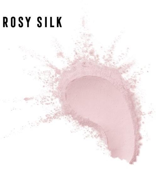 Hento vaaleanpunainen puuteripula levittäytyy, teksti 'Rosy Silk' yläkulmassa.