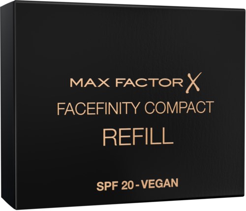 Musta laatikko, jossa on ruusunhohtoinen teksti, mainostaa Max Factor kasvomeikkitäytettä, SPF 20 ja vegaanisia.