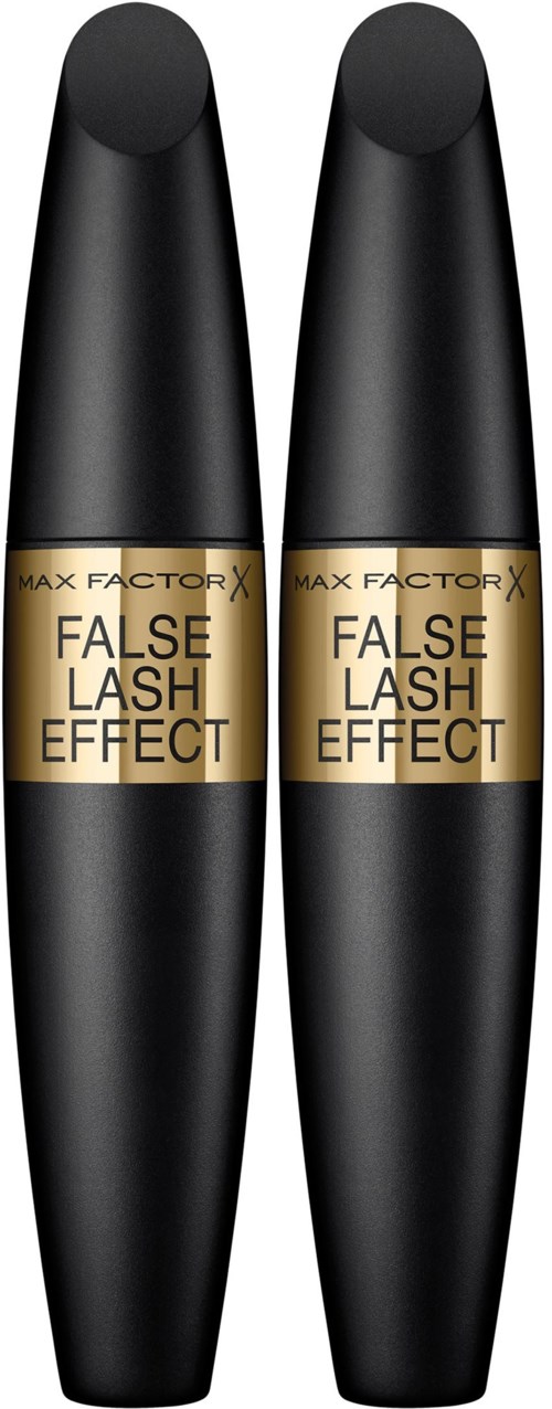 Twee zwarte mascara-flacons met gouden labels die "False Lash Effect" lezen.