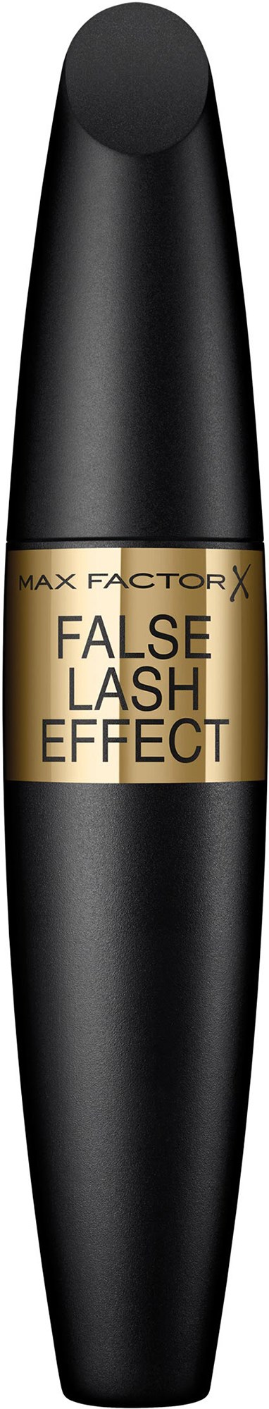 Een zwarte mascara-tube met gouden band en label die zegt 'False Lash Effect' van Max Factor X.
