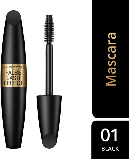 Een zwarte mascara-tube met een goudkleurig label met de tekst "FALSE LASH EFFECT" en een open borsteltje ernaast.