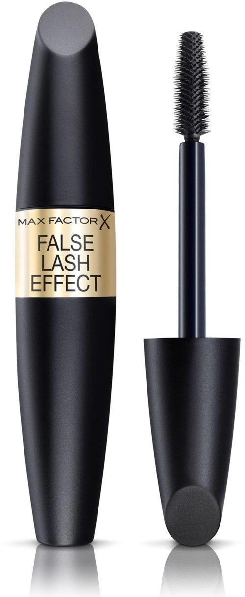 Een mascara-flacon met borstelhendel, gelabeld 'False Lash Effect' door Max Factor X.
