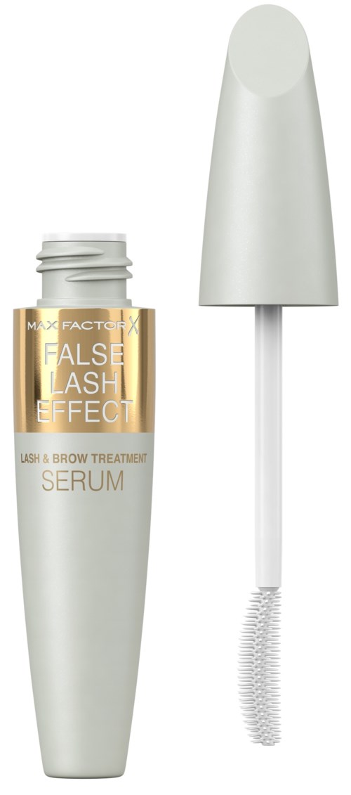Een witte fles met Max FactoX False Lash Effect serum, met een witte dop en applicatorborstel.