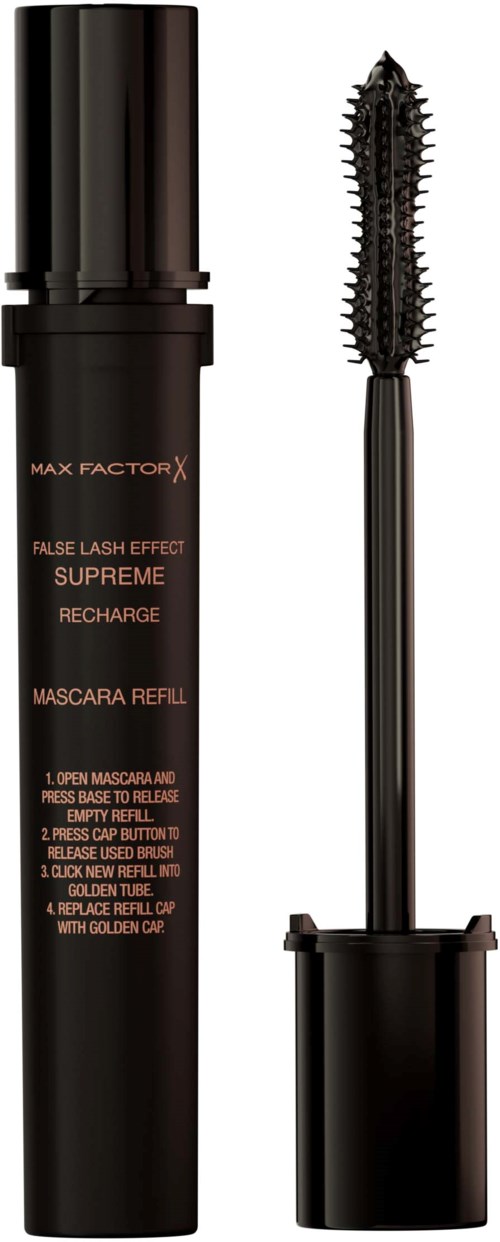 En svart mascara-rör med borste, märkt Max Factor X, false lash effect och refill.
