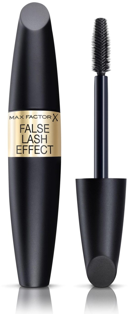 Een zwarte tube met een gouden label en een losse mascara-bus, waarschijnlijk mascara voor de wimpers.