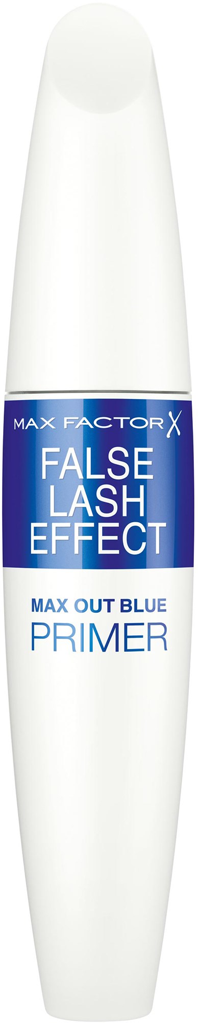 Een witte en blauwe cosmetica fles met label Max Factor X False Lash Effect Primer. Het is lang en slank.