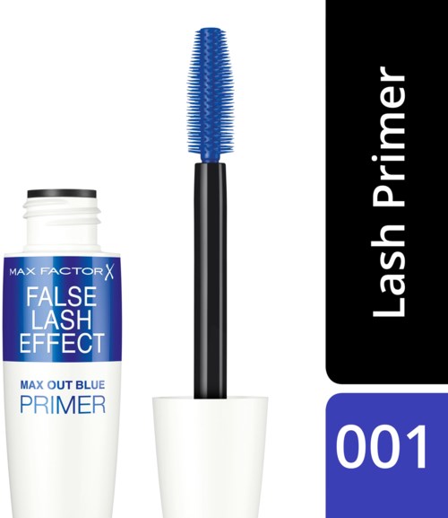 Een blauwe mascara-wand en een fles met label 'False Lash Effect Primer' in zwart, wit en blauw.