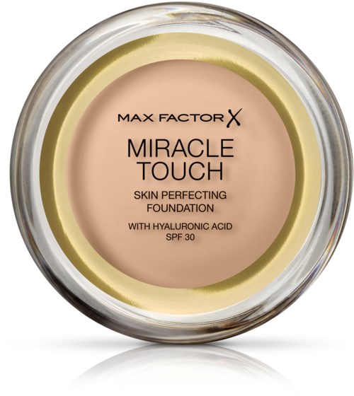 En burk med Max Factor Miracle Touch foundation med hyaluronsyra och SPF 30 i en rund behållare.