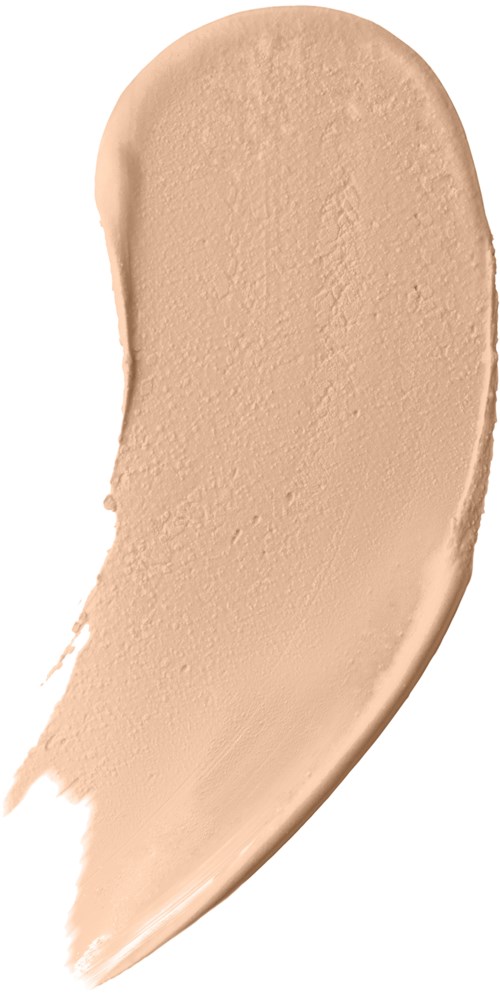 En beige smet av kosmetikprodukt med en mjuk, krökt form på en vit bakgrund.