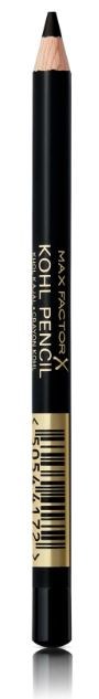 A black eyebrow pencil with a light-colored tip and gold barcode label, labeled "Max Factor Kohl Pencil."