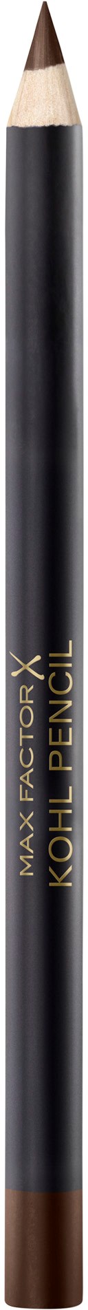 Een zwarte potlood met goudkleurige tekst en een bruine punt, gemerkt "Kohl Pencil" door Max Factor.