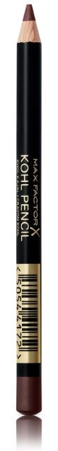 Een zwarte potlood met een beige punt en een barcode label, gemarkeerd als Max Factor Kohl Pencil.