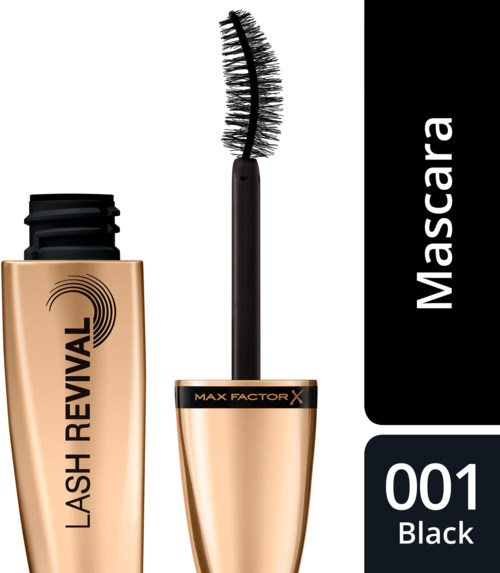 Een gouden mascara-tube met borstel, gelabeld 'Lash Revival' en 'MAX FACTOR X', met een zwarte achtergrond.