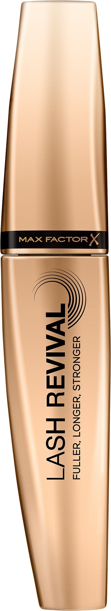 Guldfärgad mascara-rör med svart och guldig etikett, 'Lash Revivial' och 'Filler, Längre, Starkare' står skrivet på den.