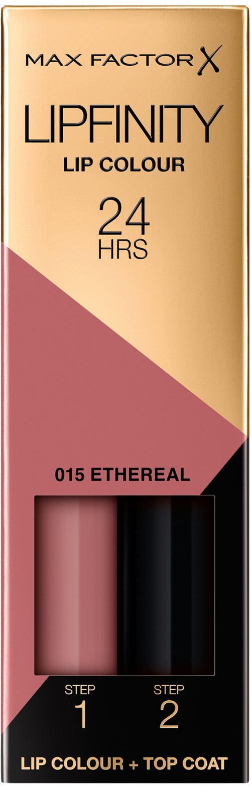 Lippenstiftverpakking met roze en zwart, gemarkeerd voor verschillende stappen, met merk- en productinformatie.