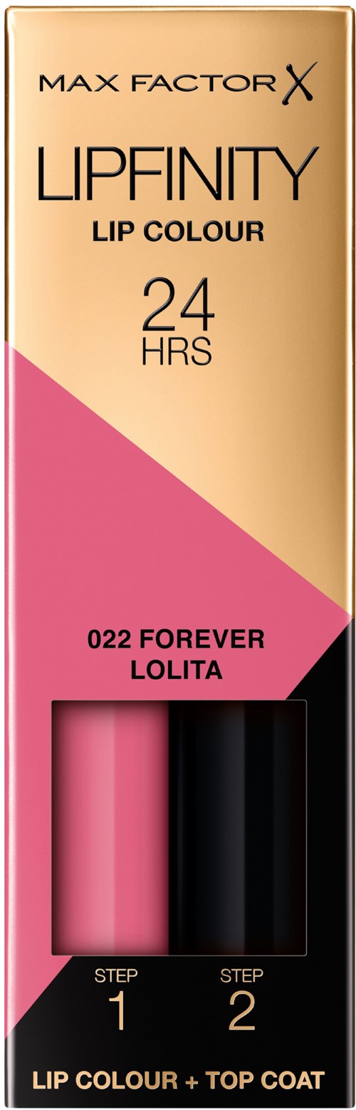En läppstiftsförpackning visar två olika läppstift nyanser, rosa och svart, med etiketter för steg och produktdetaljer.