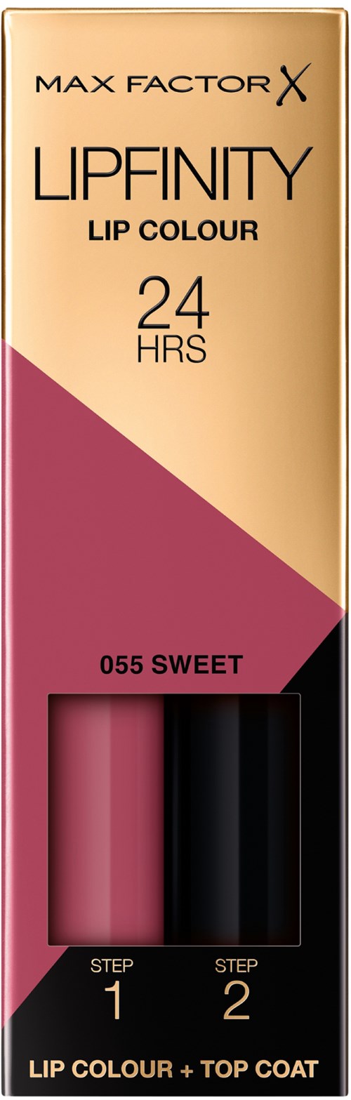 A lipstick box with two tubes, pink and black, and the brand name Max Factor. It says long-lasting for 24 hours.