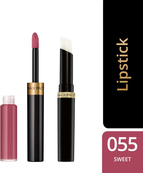 Lipstick, lip gloss tube, and applicator in black and gold, labeled 'Lipstick' and 'Sweet 055' in pink.