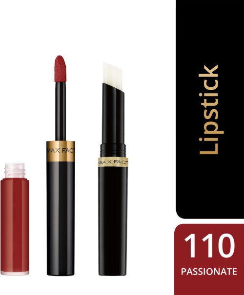 Rood vloeibaar lippenstift, een lippenstift met rode kleur, en een witte applicatiespatel. Het woord 'Lipstick' en nummer 110 Passionate zijn zichtbaar.