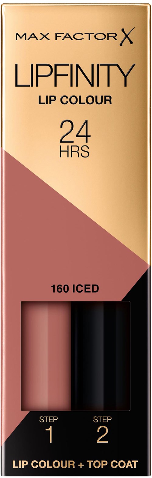 Lippenstift-Box mit zwei Farbtönen, hellrosa und schwarz, markiert als Schritt 1 und 2.