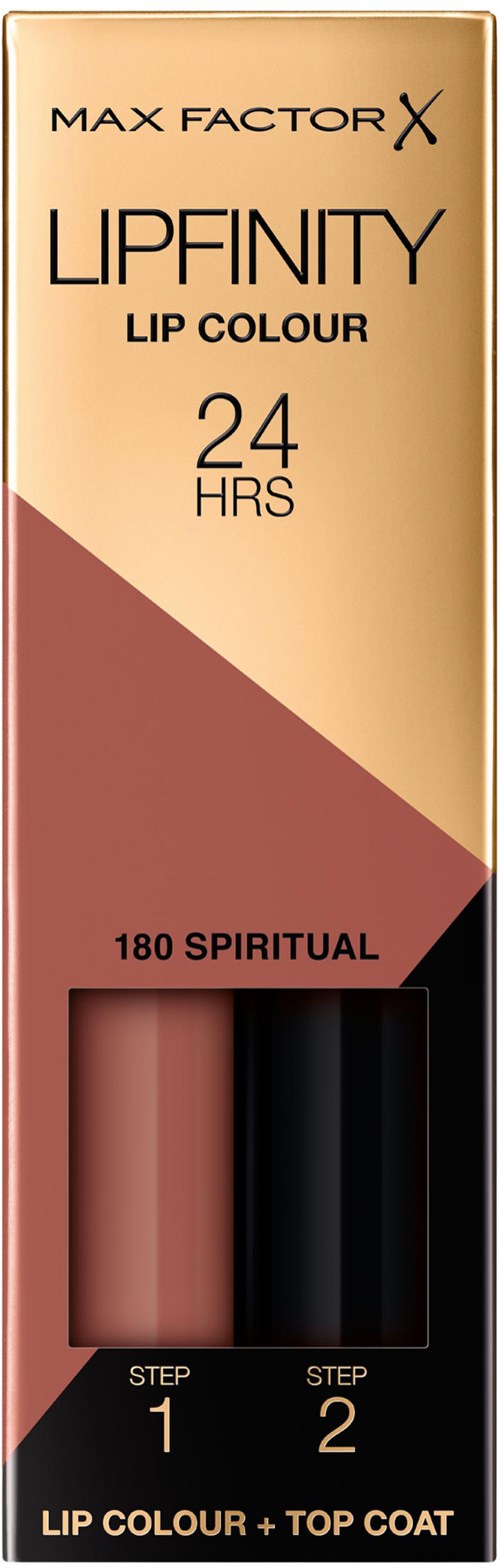 Een lippenstiftdoos toont twee lipkleuren, een roze en een donker. Het bevat merknaam, producttype en houdbaarheid informatie.