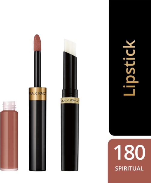 Lippenstift, lipgloss en een poederapplicator in zwart en goud verpakking, met labels "Lipstick" en "180 SPIRITUAL."