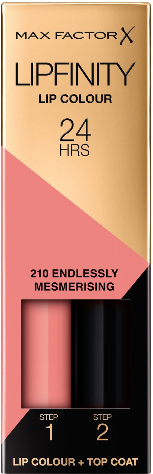 Läppstiftsförpackning med två nyanser, rosa och svart, med varumärkesnamn och produktdetaljer på beige bakgrund.