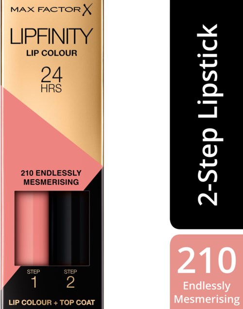 En läppstiftsförpackning märkt 'LIPFINITY' med två steg, pink och svart, som håller i 24 timmar och lovar en oändligt förtrollande look.
