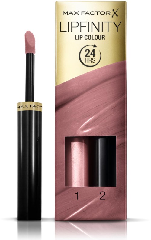 Lippenstift met roze tint en dubbele verpakking, Max Factor X Lipfinity, houdt 24 uur.
