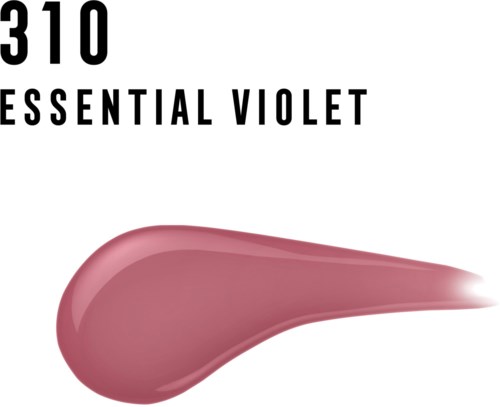 Kleurenstaal met paarse tint, gemarkeerd '310 Essential Violet'. Bevat een druppel nagellak in dezelfde kleur.