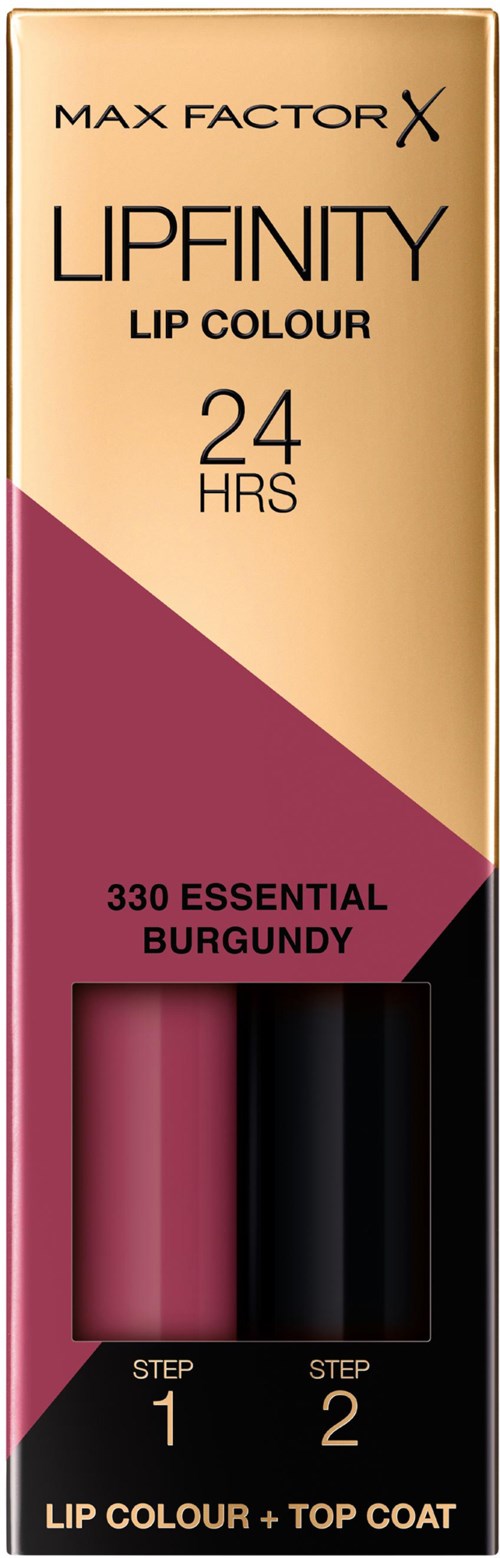 A box of lipstick with two shades, pink and black, labeled with brand, color, and lasting time, called Lipfinity.